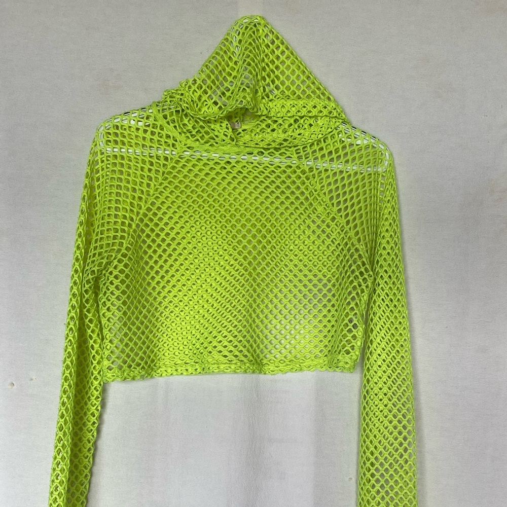 Mesh Netted See Through LS Cropped Hoodie Shirt M